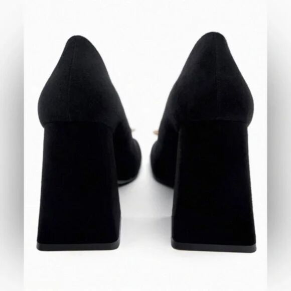 NWT Zara Gold Flower Suede Black Block Heels - Picture 5 of 13